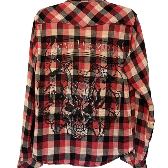 Don Ed Hardy Men's Skull Beaded Button Down Plaid Shirt Size Small - Picture 1 of 8